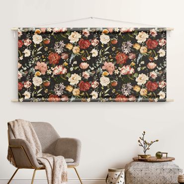 Wandteppich - Blumen Aquarell Vintage Muster auf Schwarz