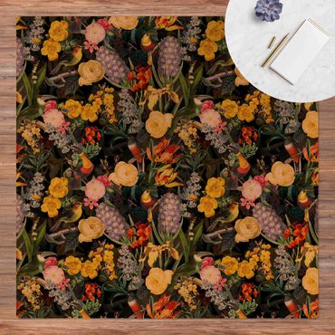 Kork-Teppich - Blumen mit Tropischen Vögeln Bunt - Quadrat 1:1