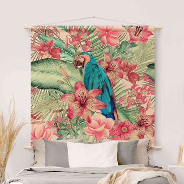 Wandteppich - Blumenparadies tropischer Papagei - Quadrat 1:1