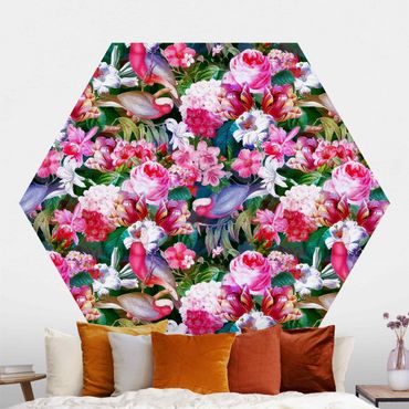 Hexagon Mustertapete selbstklebend - Bunte Tropische Blumen mit Vögeln Pink