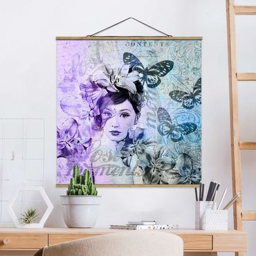 Stoffbild mit Posterleisten - Shabby Chic Collage - Portrait mit Schmetterlingen - Quadrat 1:1
