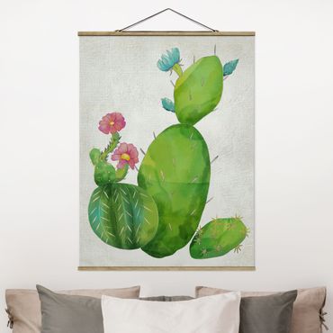 Stoffbild mit Posterleisten - Kaktusfamilie rosa türkis - Hochformat 3:4