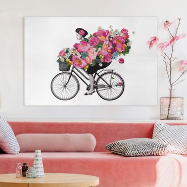 Leinwandbild - Illustration Frau auf Fahrrad Collage bunte Blumen - Querformat 2:3