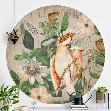 Runde Tapete selbstklebend - Colonial Style Collage - Rosa Kakadu