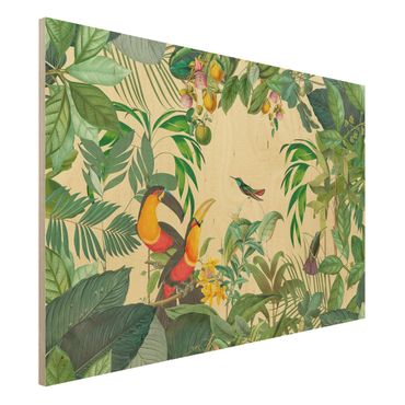 Holzbild - Vintage Collage - Vögel im Dschungel - Querformat 2:3