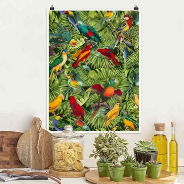 Poster - Bunte Collage - Papageien im Dschungel - Hochformat 4:3