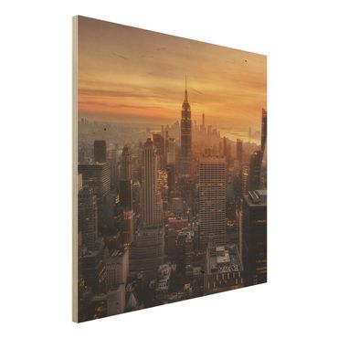 Holzbild - Manhattan Skyline Abendstimmung - Quadrat 1:1