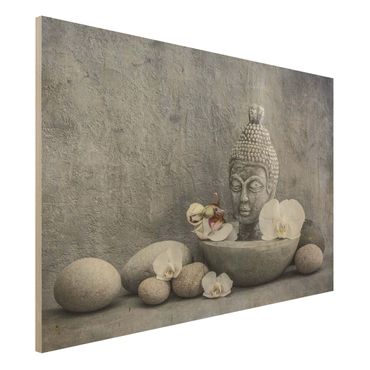 Holzbild - Zen Buddha, Orchideen und Steine - Querformat 2:3