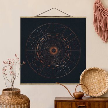 Stoffbild mit Posterleisten - Astrologie Die 12 Sternzeichen Blau Gold - Quadrat 1:1
