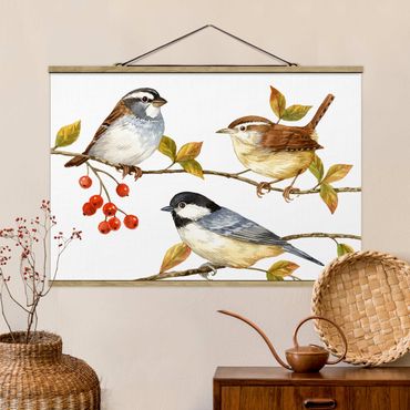 Stoffbild mit Posterleisten - Vögel und Beeren - Meisen - Querformat 3:2