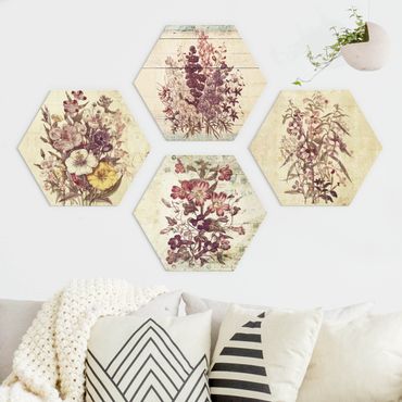 Hexagon Bild Alu-Dibond 4-teilig - Vintage Blumen Sammlung