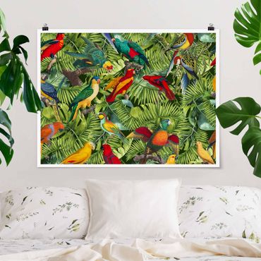 Poster - Bunte Collage - Papageien im Dschungel - Querformat 3:4