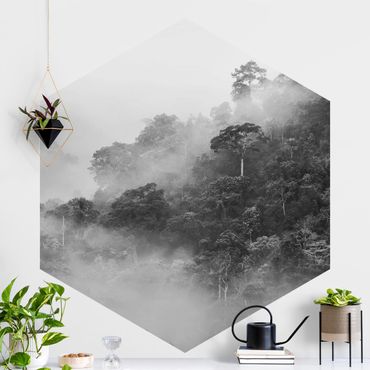 Hexagon Mustertapete selbstklebend - Dschungel im Nebel Schwarz Weiß