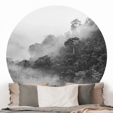 Runde Tapete selbstklebend - Dschungel im Nebel Schwarz Weiß