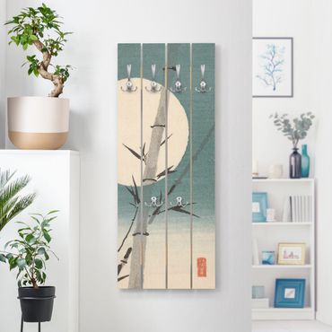 Wandgarderobe Holz - Japanische Zeichnung Bambus und Mond - Haken chrom Hochformat