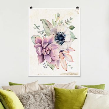 Poster - Aquarell Blumen Landhaus - Hochformat 3:4