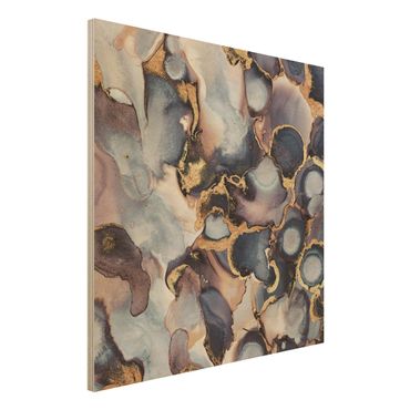 Holzbild - Marmor Aquarell mit Gold - Quadrat 1:1