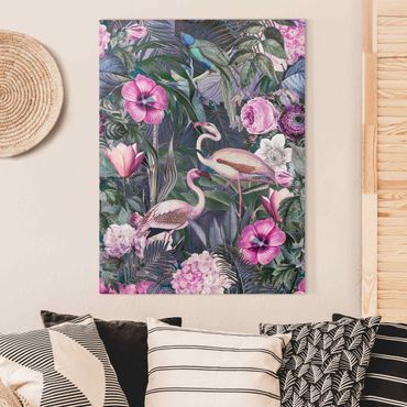 Leinwandbild - Bunte Collage - Pinke Flamingos im Dschungel - Hochformat 4:3