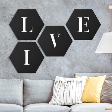 Hexagon Bild Forex 4-teilig - Buchstaben LIVE Weiß Set II