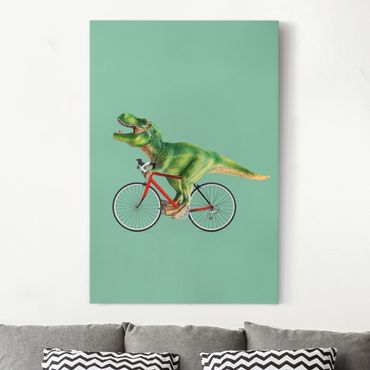 Leinwandbild - Jonas Loose - Dinosaurier mit Fahrrad - Hochformat 3:2