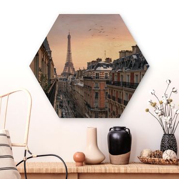 Hexagon Bild Holz - Eiffelturm bei Sonnenuntergang