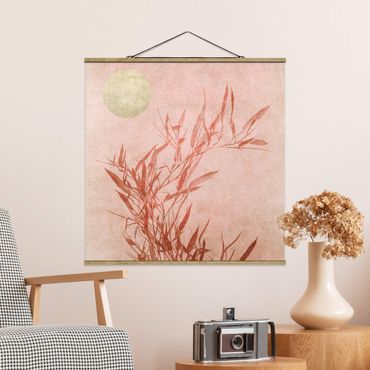 Stoffbild mit Posterleisten - Goldene Sonne mit Rosa Bambus - Quadrat 1:1