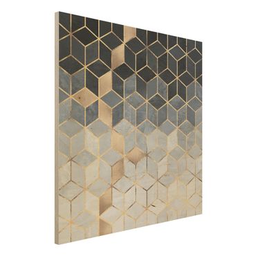 Holzbild - Blau Weiß goldene Geometrie - Quadrat 1:1