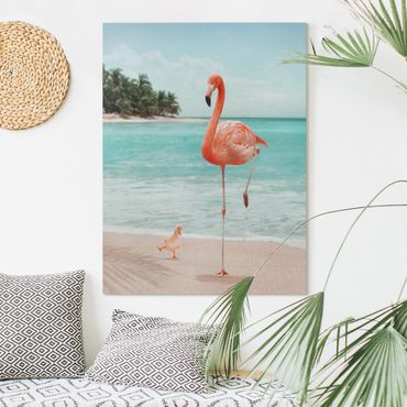 Leinwandbild - Jonas Loose - Strand mit Flamingo - Hochformat 4:3