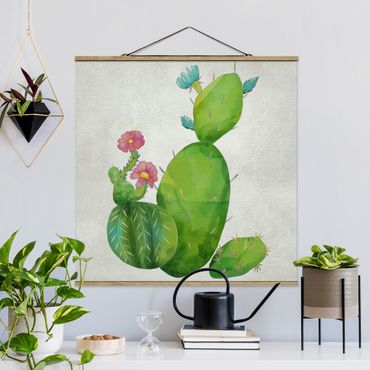 Stoffbild mit Posterleisten - Kaktusfamilie rosa türkis - Quadrat 1:1