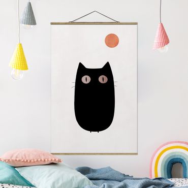Stoffbild mit Posterleisten - Schwarze Katze Illustration - Hochformat 2:3