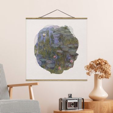 Stoffbild mit Posterleisten - Wasserfarben - Claude Monet - Seerosen (Nympheas) - Quadrat 1:1