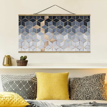 Stoffbild mit Posterleisten - Elisabeth Fredriksson - Blau Weiß goldene Geometrie - Querformat 2:1