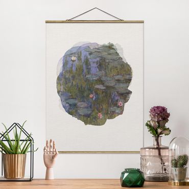 Stoffbild mit Posterleisten - Wasserfarben - Claude Monet - Seerosen (Nympheas) - Hochformat 3:4