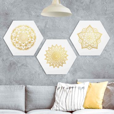 Hexagon Bild Forex 3-teilig - Mandala Blüte Sonne Illustration Set Gold