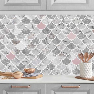 Küchenrückwand - Fischschuppen Fliesen Marmor - Grau-Roségold