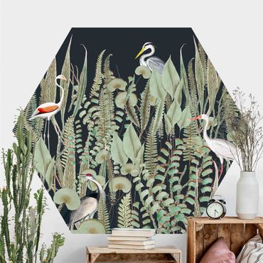 Hexagon Mustertapete selbstklebend - Flamingo und Storch mit Pflanzen auf Grün