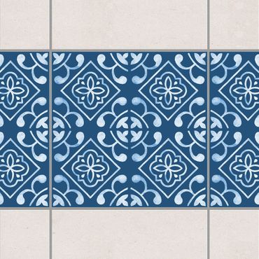 Fliesen Bordüre - Dunkelblau Weiß Muster Serie No.02 - 10cm x 10cm Fliesensticker Set