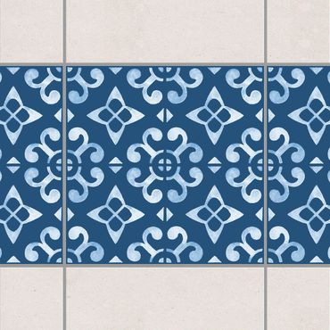 Fliesen Bordüre - Dunkelblau Weiß Muster Serie No.05 - 10cm x 10cm Fliesensticker Set
