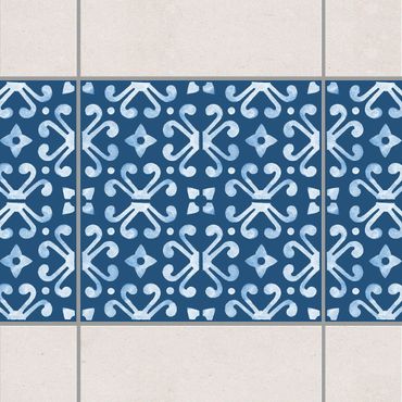 Fliesen Bordüre - Dunkelblau Weiß Muster Serie No.07 - 10cm x 10cm Fliesensticker Set