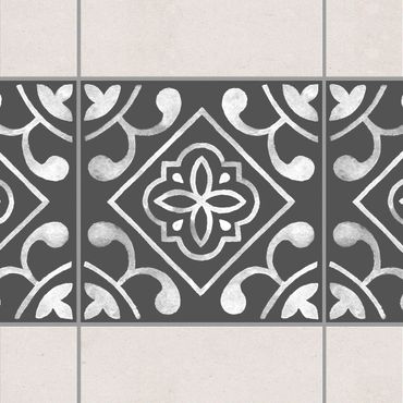 Fliesen Bordüre - Muster Dunkelgrau Weiß Serie No.02 - 15cm x 15cm Fliesensticker Set