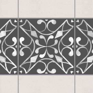Fliesen Bordüre - Muster Dunkelgrau Weiß Serie No.03 - 15cm x 15cm Fliesensticker Set