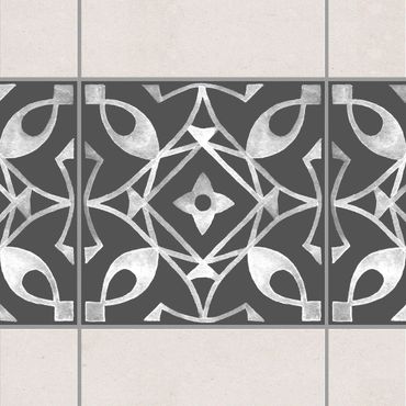 Fliesen Bordüre - Muster Dunkelgrau Weiß Serie No.08 - 15cm x 15cm Fliesensticker Set