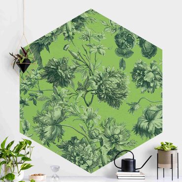 Hexagon Mustertapete selbstklebend - Floraler Kupferstich Frühlingsgrün