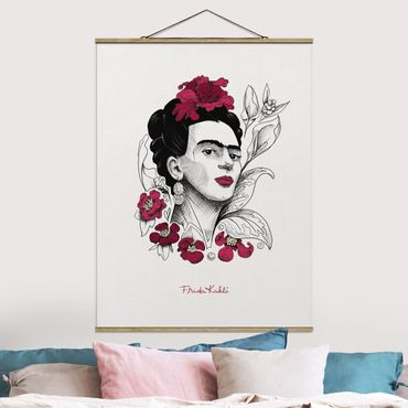 Stoffbild mit Posterleisten - Frida Kahlo Portrait mit Blüten - Hochformat 3:4
