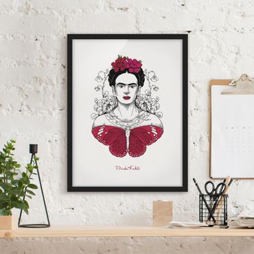 Bild mit Rahmen - Frida Kahlo Portrait mit Blüten und Schmetterling - Hochformat - 3:4