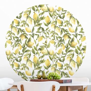 Runde Tapete selbstklebend - Fruchtige Zitronen mit Blättern