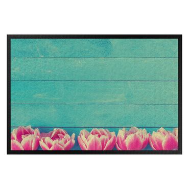 Fußmatte - Rosa Tulpen auf Türkis