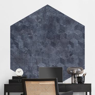 Hexagon Tapete selbstklebend - Geometrisches Vintage Muster mit Ornamenten Blau