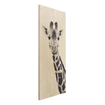 Holzbild - Giraffen Portrait in Schwarz-weiß - Hochformat