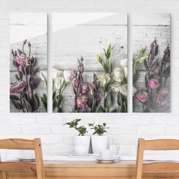 Glasbild mehrteilig - Tulpen-Rose Shabby Holzoptik 3-teilig
